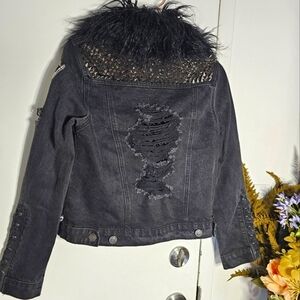 Killstar Custom Studded Distressed Black Denim Jacket with Faux Fur Collar OOAK